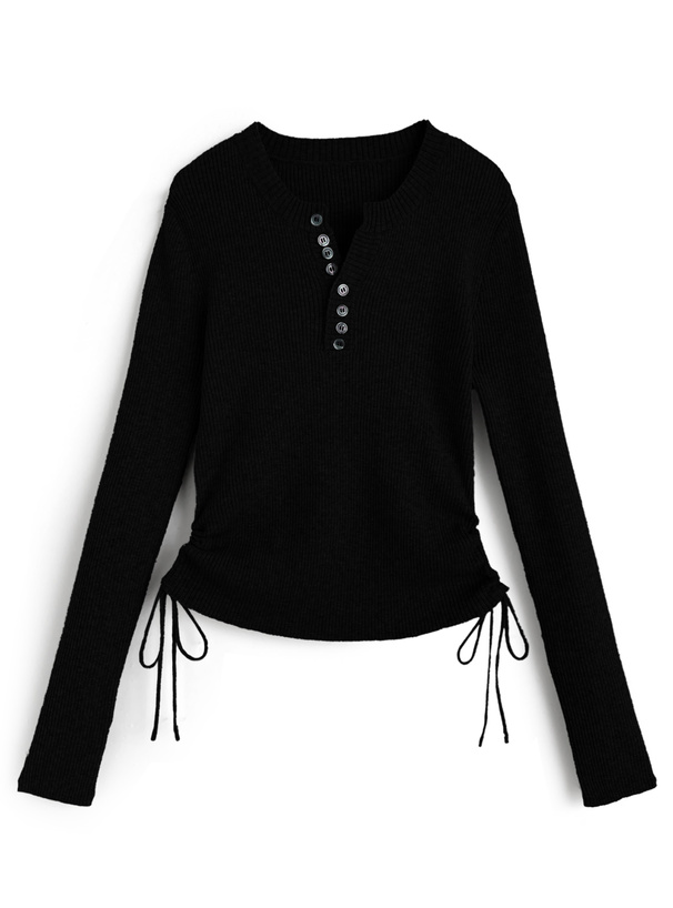 ヘンリーネックドロストリブニットトップス