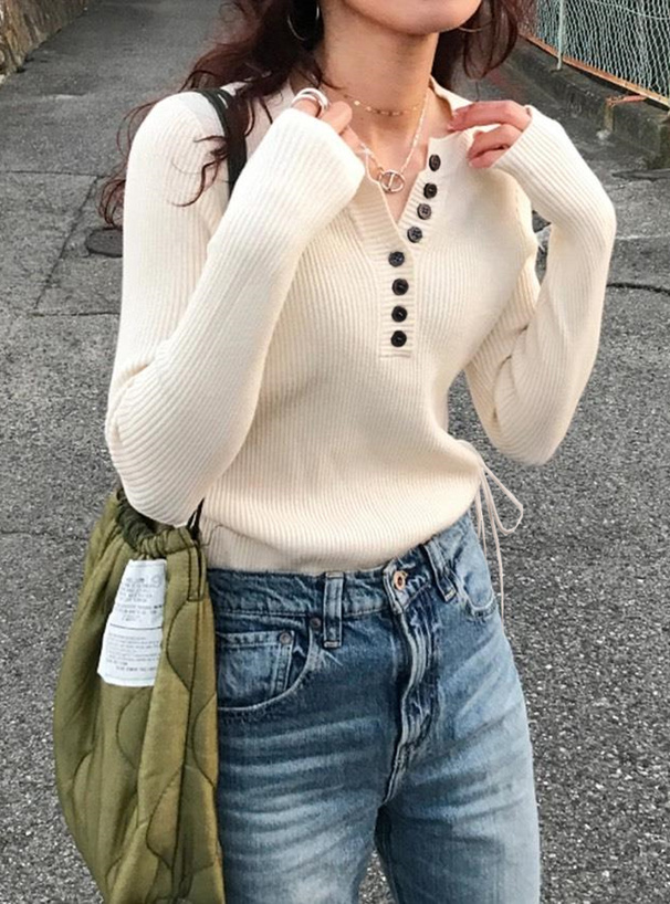 ヘンリーネックドロストリブニットトップス