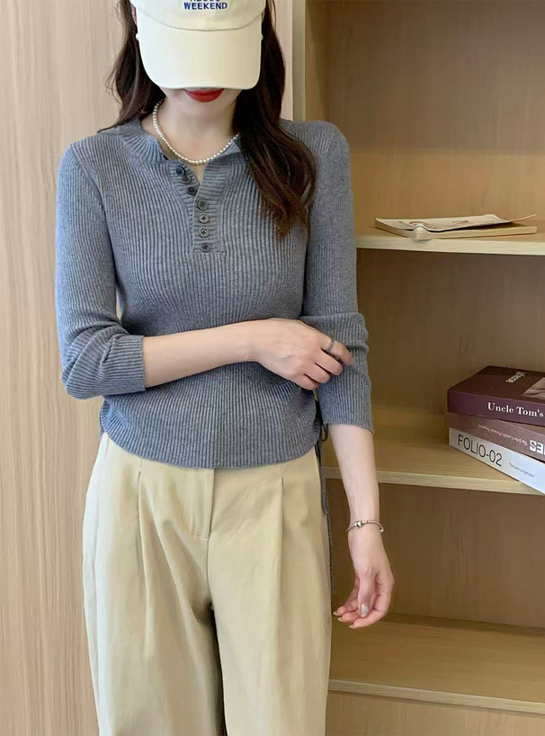 ヘンリーネックドロストリブニットトップス