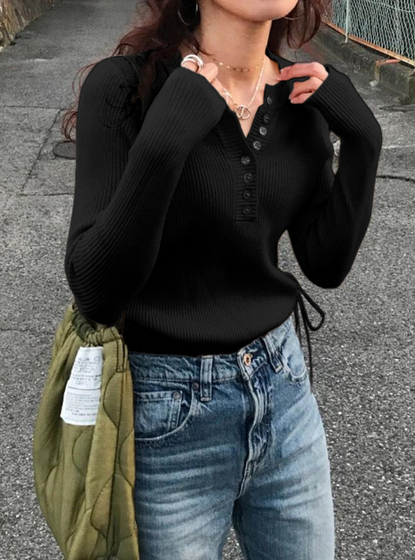 ヘンリーネックドロストリブニットトップス