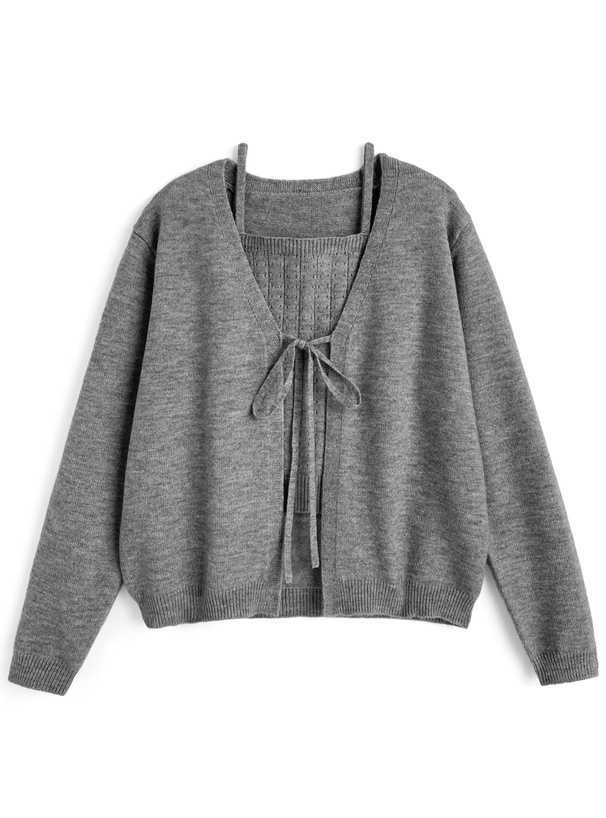 透かし編みキャミソール×リボンカーディガンニットアンサンブル