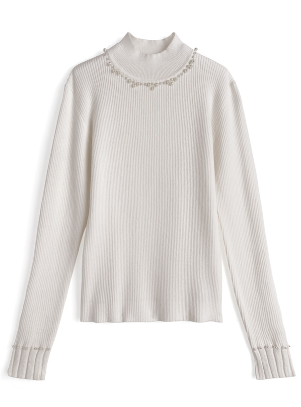 パールハイネックリブニットトップス