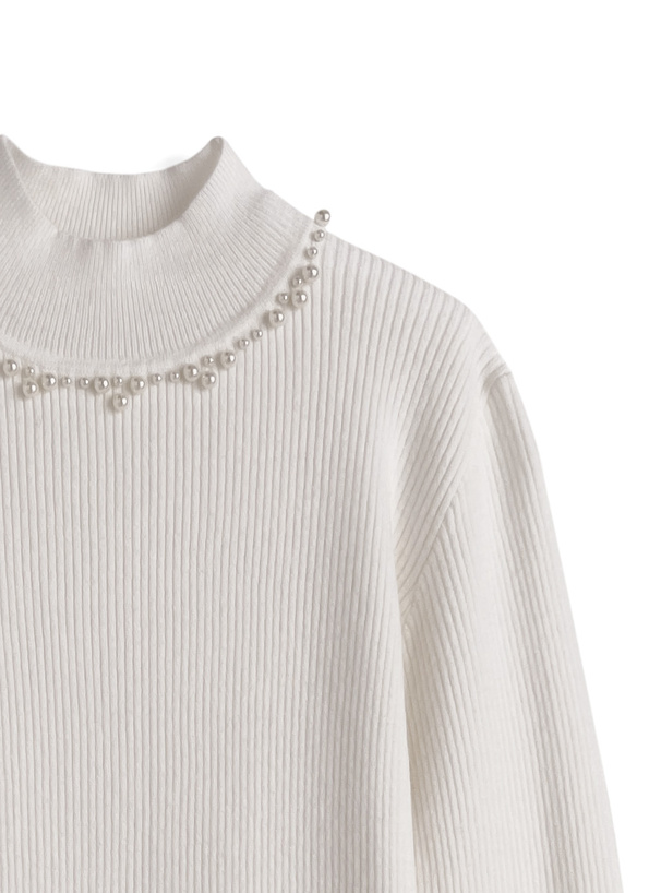 パールハイネックリブニットトップス