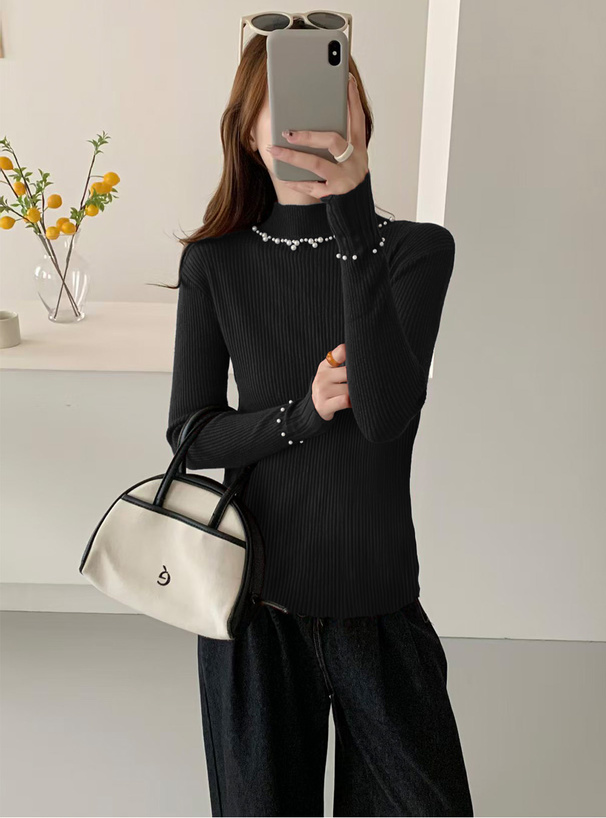 パールハイネックリブニットトップス