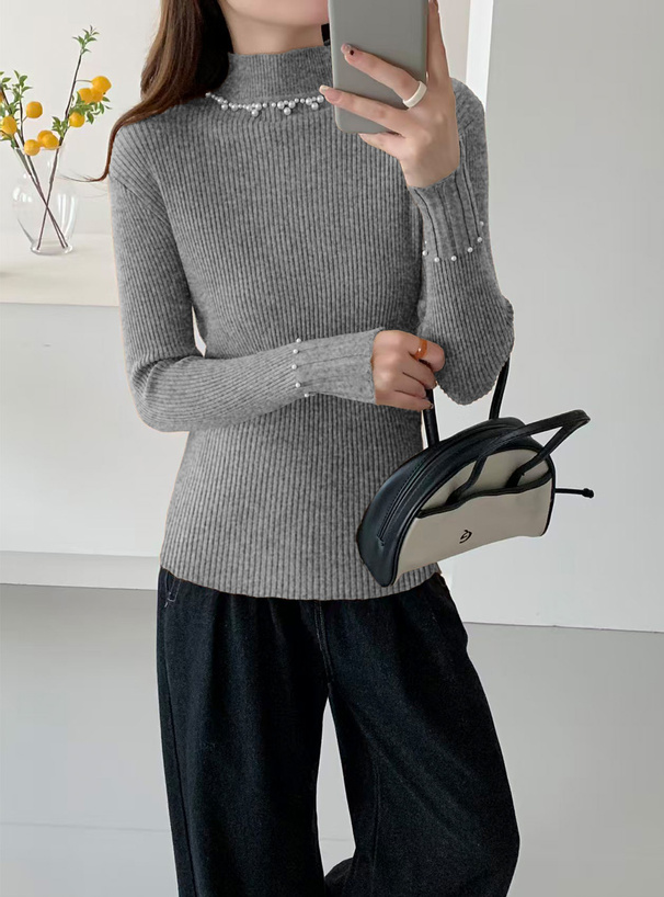 パールハイネックリブニットトップス