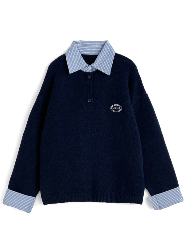 ストライプ柄シャツレイヤード風ニットトップス[an1875] | レディース