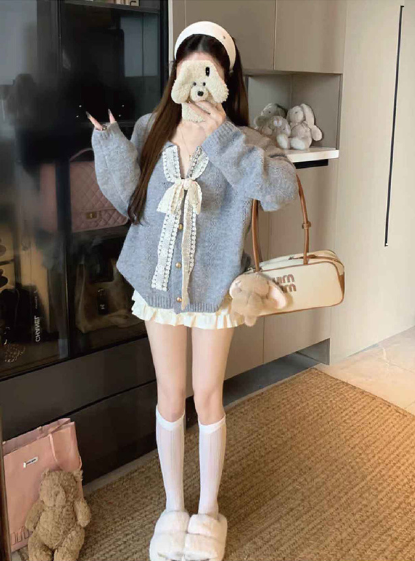 レースリボンスキッパーニットカーディガン