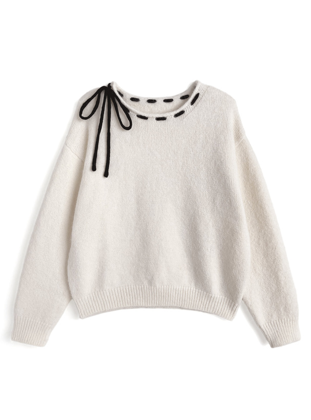 ステッチリボンニットトップス