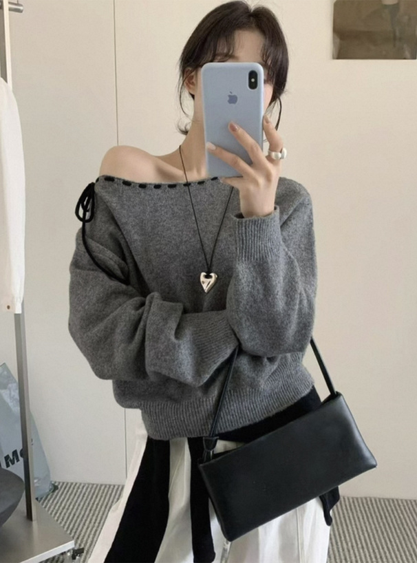 ステッチリボンニットトップス