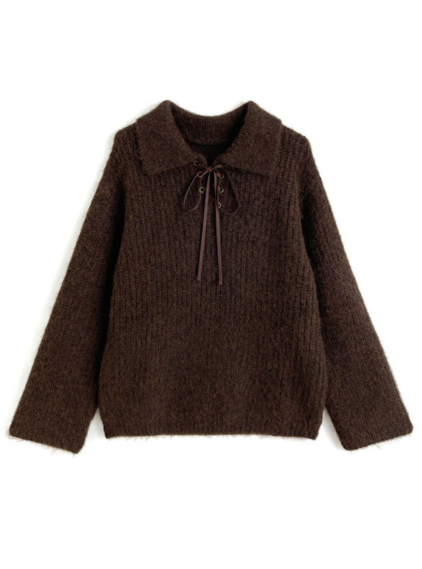 レースアップリボンニットトップス