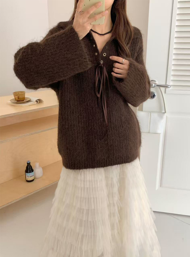 レースアップリボンニットトップス[an1880] | レディースファッション