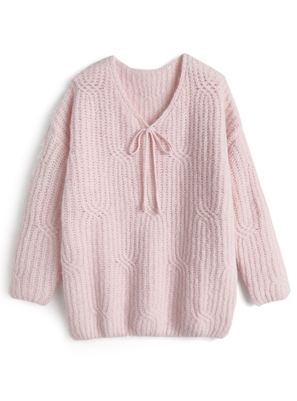 Vネックリボンルーズニットトップス[an1883]