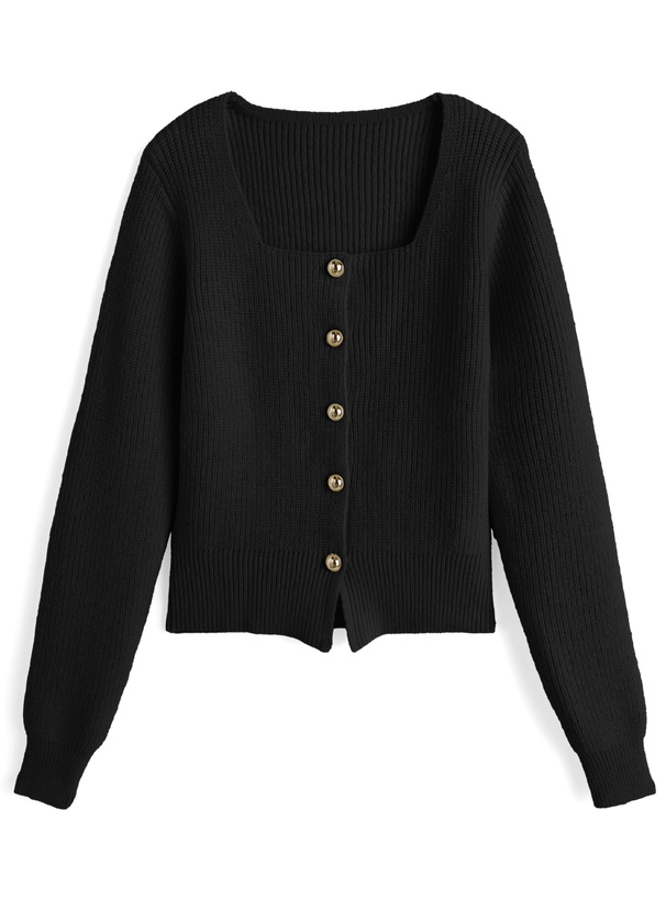 スクエアネックゴールドボタンリブニットカーディガン[an1884