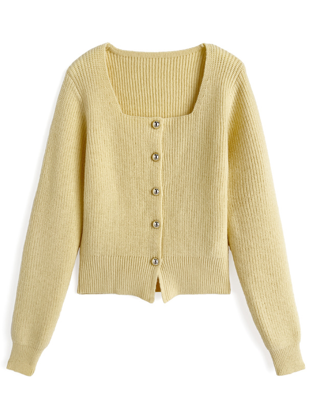 スクエアネックゴールドボタンリブニットカーディガン