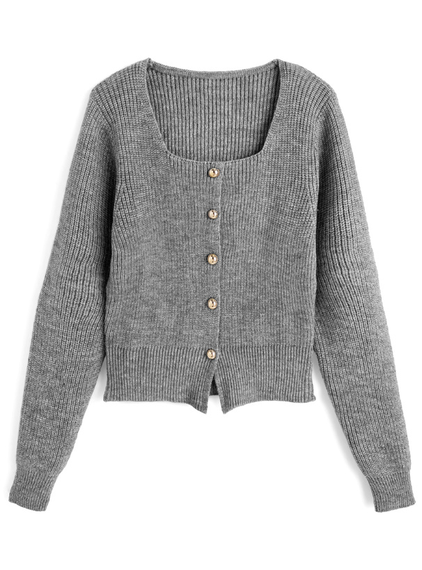 スクエアネックゴールドボタンリブニットカーディガン