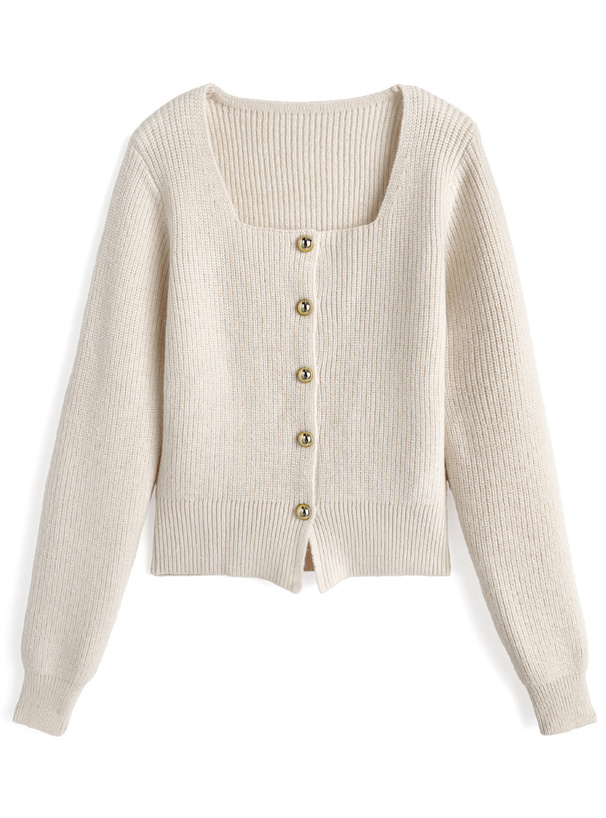 スクエアネックゴールドボタンリブニットカーディガン