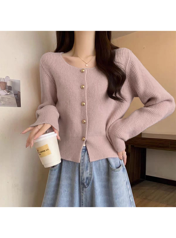 スクエアネックゴールドボタンリブニットカーディガン