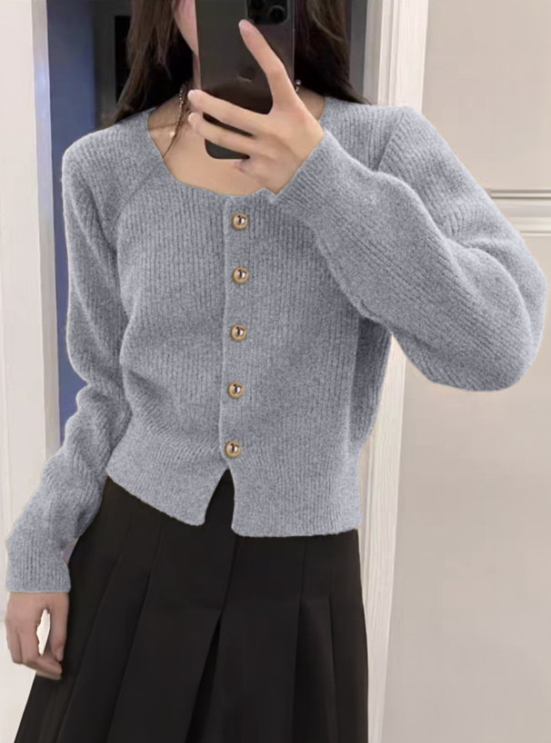 スクエアネックゴールドボタンリブニットカーディガン