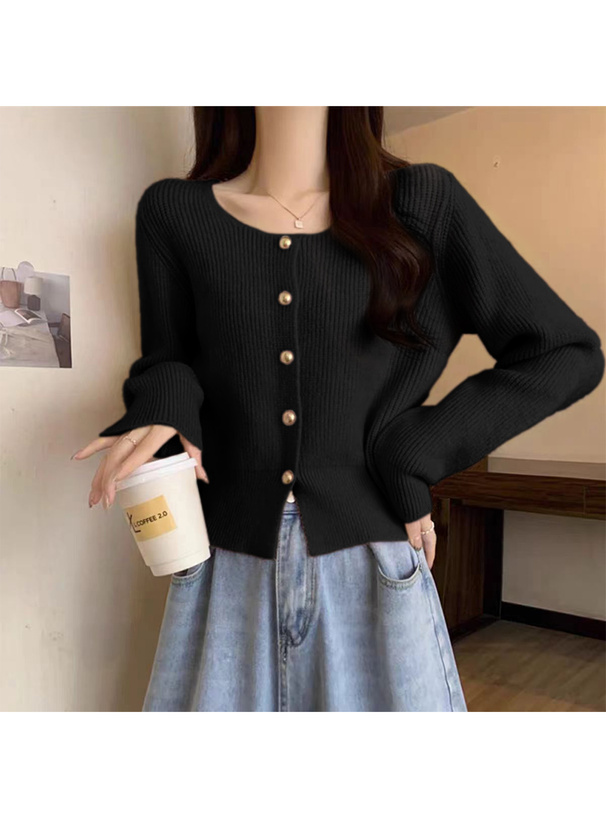 スクエアネックゴールドボタンリブニットカーディガン[an1884