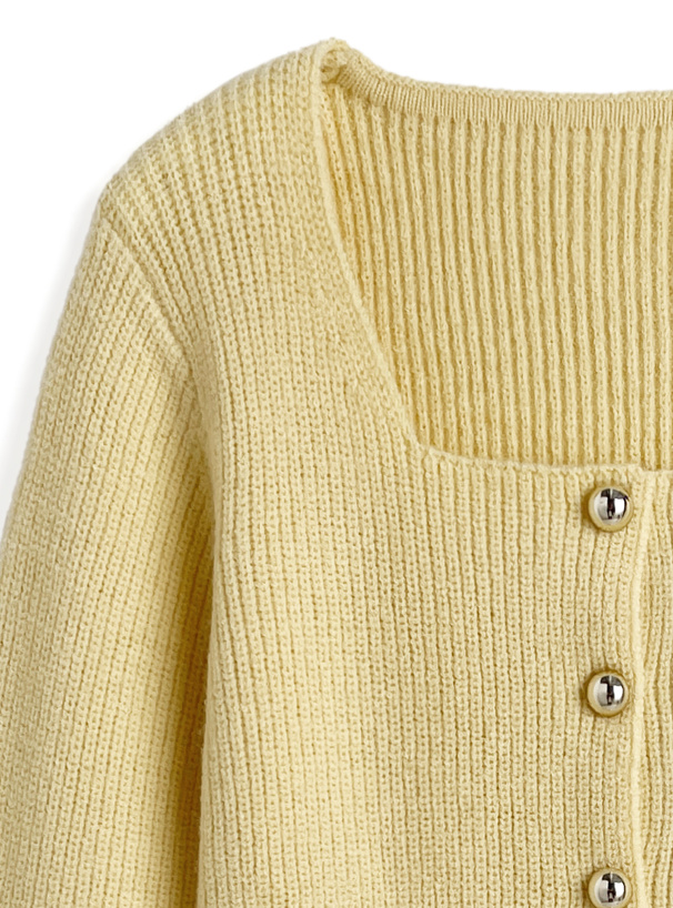 スクエアネックゴールドボタンリブニットカーディガン