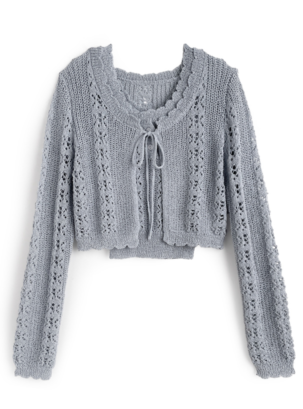 透かし編みニットカーディガン×タンクトップアンサンブル