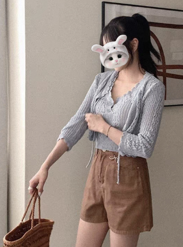 透かし編みニットカーディガン×タンクトップアンサンブル[an1886