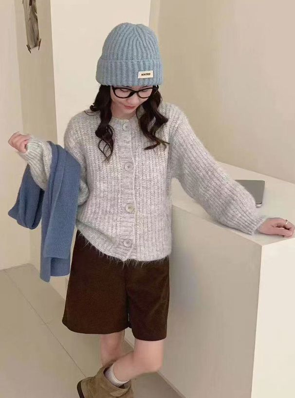 クルーネックローゲージニットカーディガン