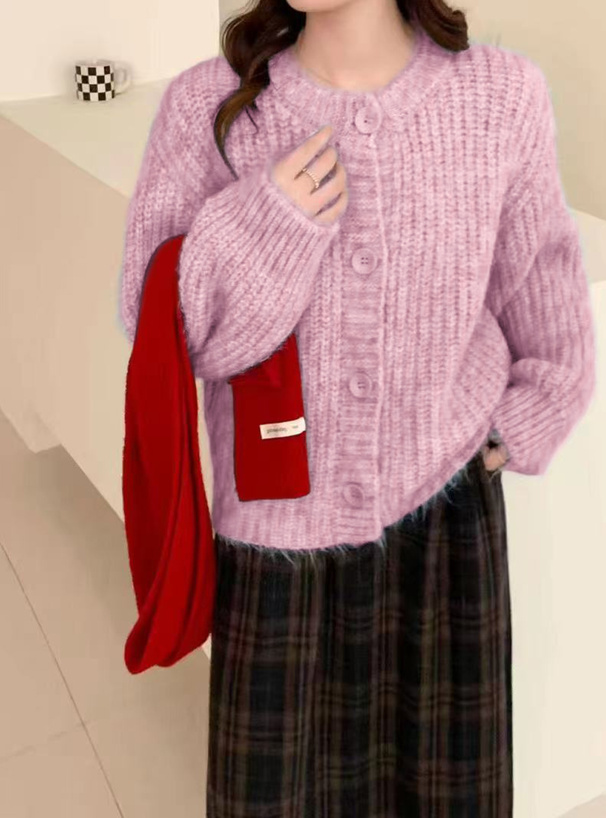 クルーネックローゲージニットカーディガン