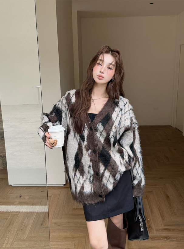 アーガイル柄シャギーニットカーディガン[an1891] | レディース