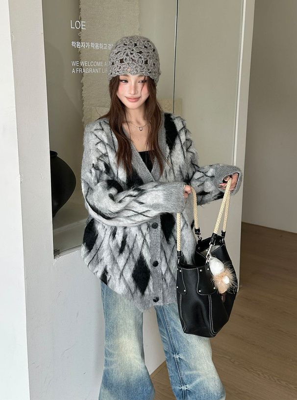 アーガイル柄シャギーニットカーディガン[an1891] | レディース