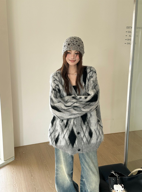 アーガイル柄シャギーニットカーディガン[an1891] | レディース