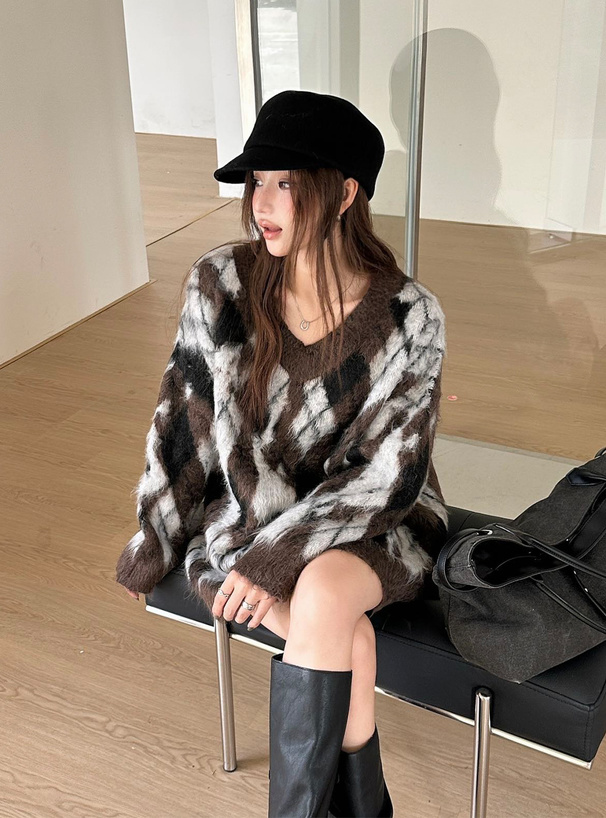 アーガイル柄シャギーニットトップス