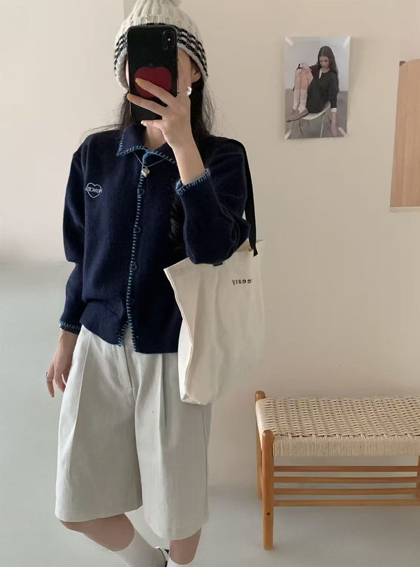 ロゴ刺繍 ブラックカーディガン NAUTICA 刺繍カーディガン ブラック ニット ロゴ