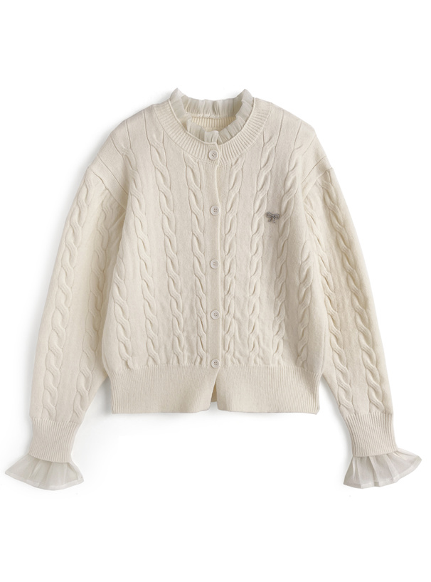 シアーフリルケーブル編みニットカーディガン