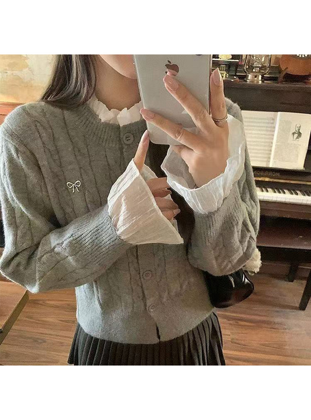 シアーフリルケーブル編みニットカーディガン