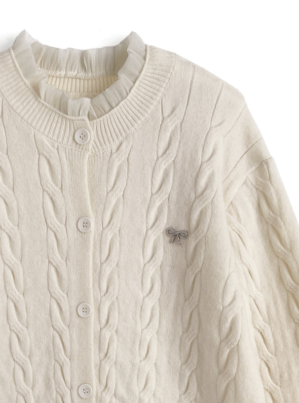 シアーフリルケーブル編みニットカーディガン