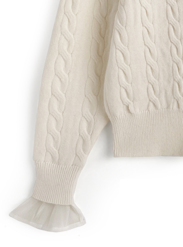 シアーフリルケーブル編みニットカーディガン