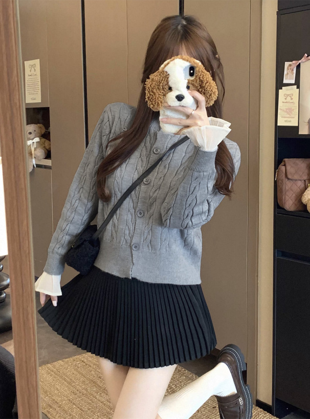 シアーフリルケーブル編みニットカーディガン