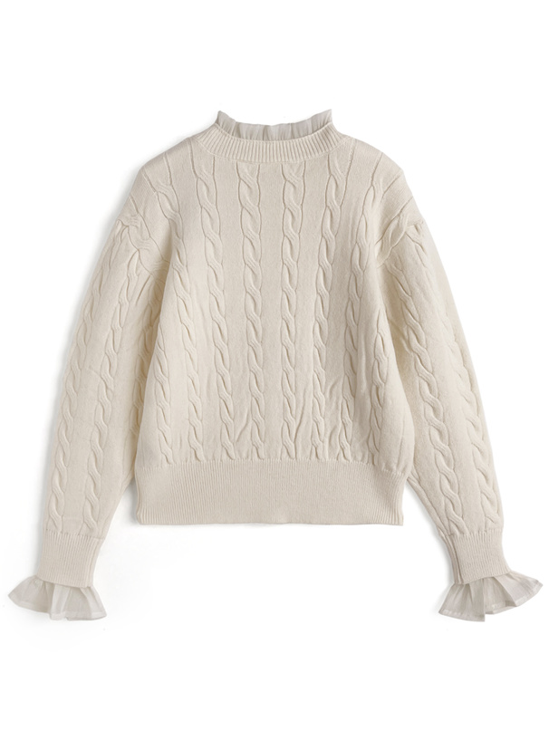 シアーフリルケーブル編みニットカーディガン