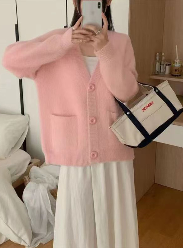 Vネックシャギーニットカーディガン