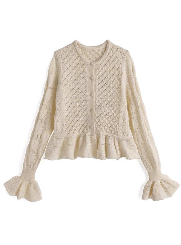 透かし編みベルスリーブペプラムニットカーディガン