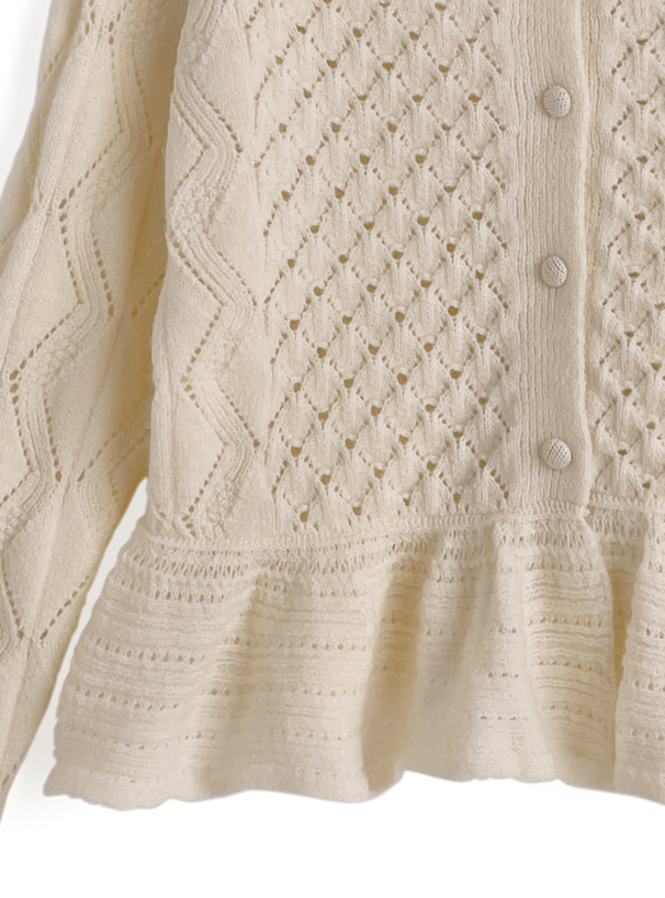 透かし編みベルスリーブペプラムニットカーディガン