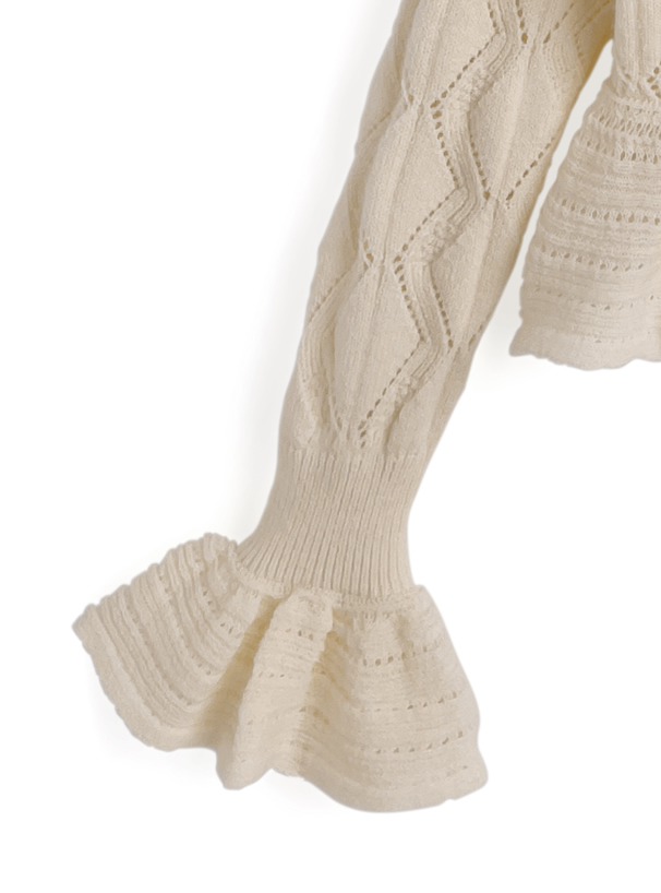 透かし編みベルスリーブペプラムニットカーディガン