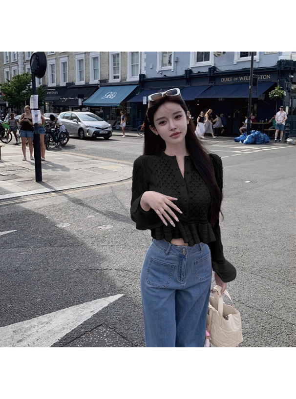 透かし編みベルスリーブペプラムニットカーディガン