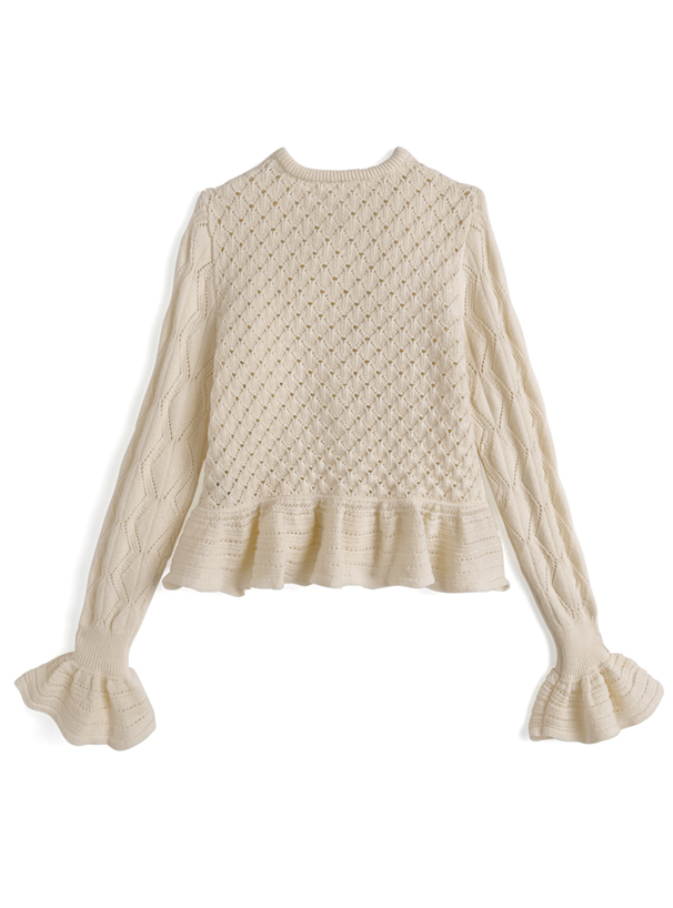 透かし編みベルスリーブペプラムニットカーディガン[an1898