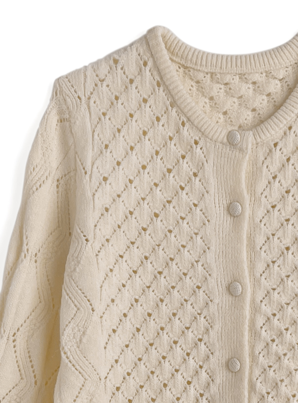 透かし編みベルスリーブペプラムニットカーディガン