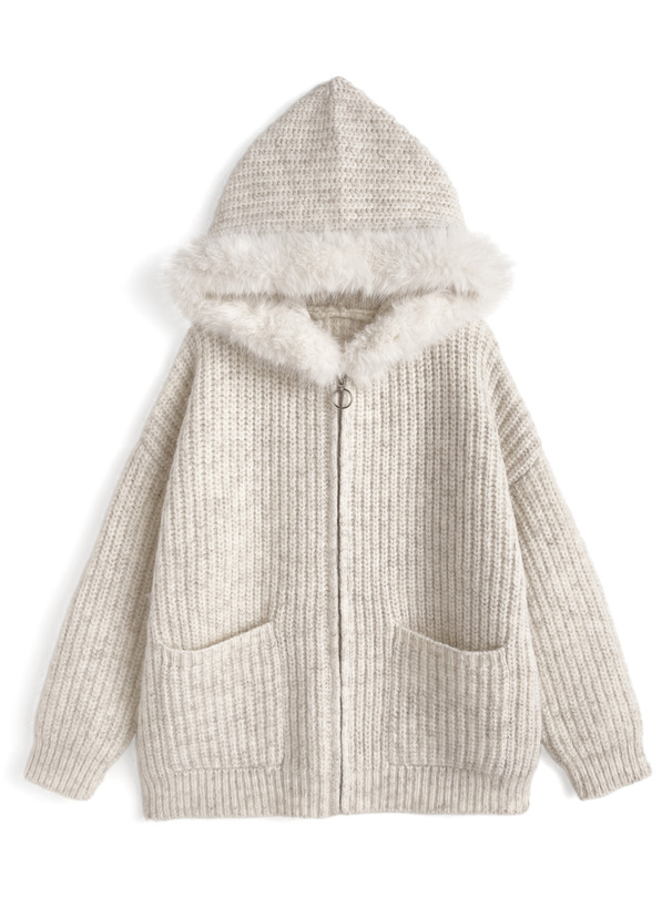 ファーフード付きジップニットパーカー
