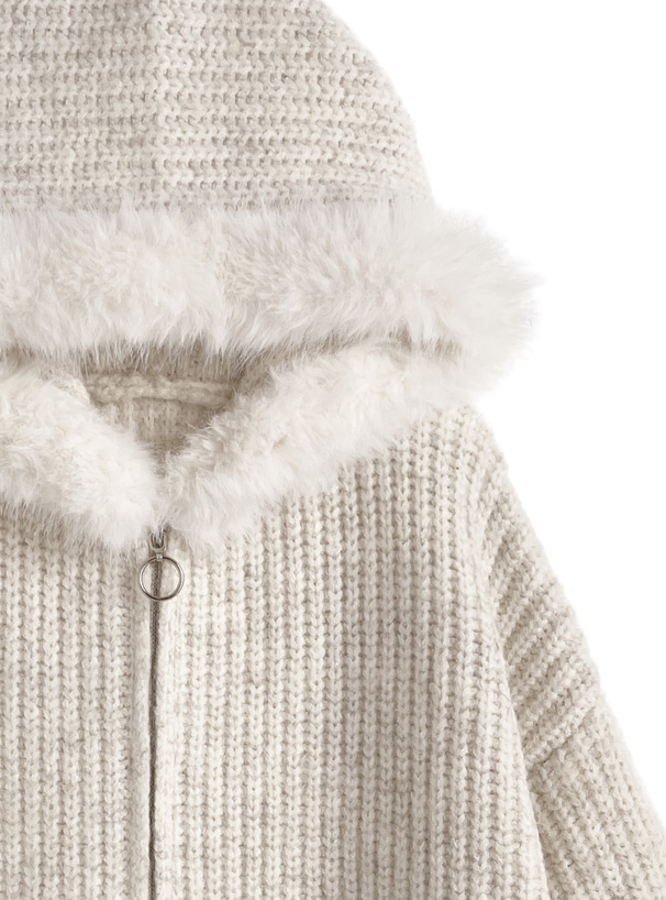 ファーフード付きジップニットパーカー