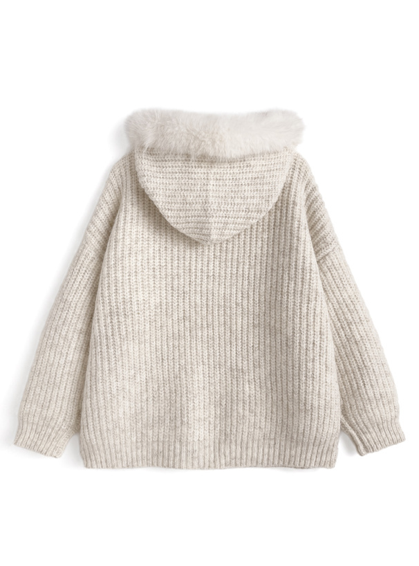 ファーフード付きジップニットパーカー