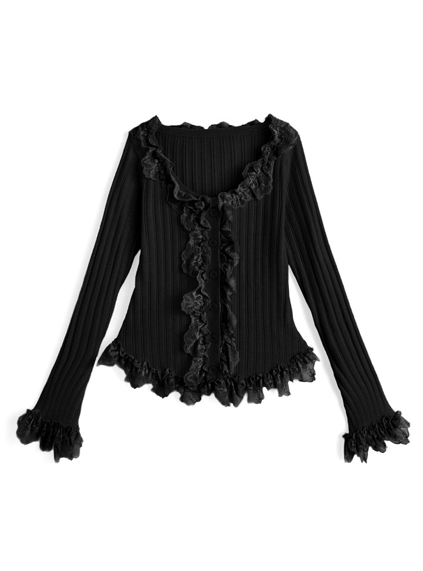 レースフリルリブニットカーディガン